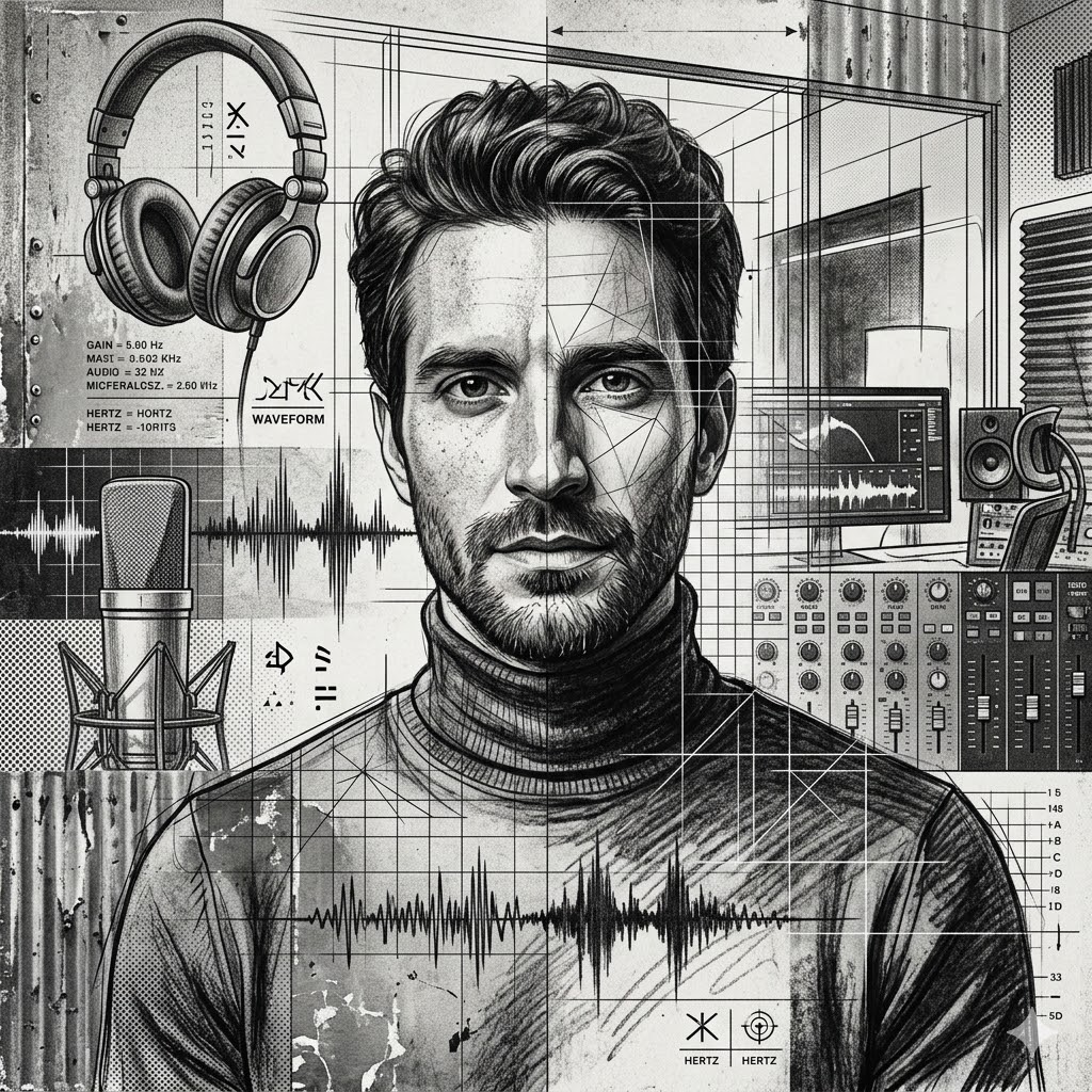 Figura que sugere o narrador do podcast, desenho em preto e branco, com alto constraste